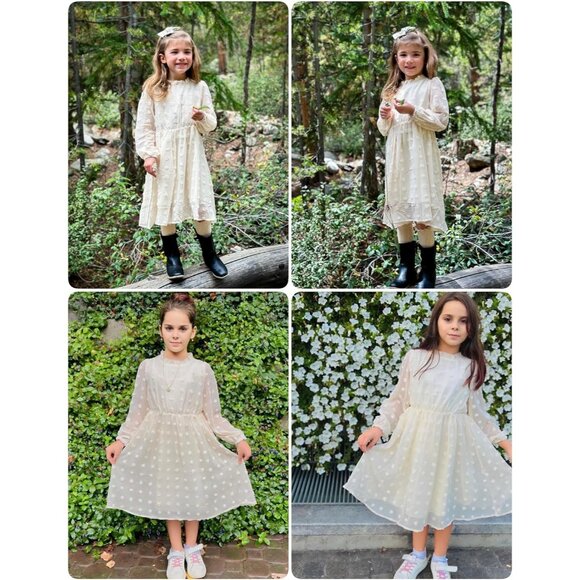 Girls Beige A-line Midi Dress with Ruffle Collar & Flared Sleeves - Sizes 5-13 - Picture 4 of 8